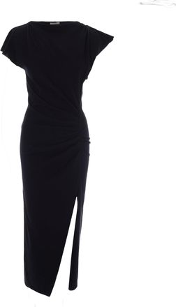 Isabel Marant Long Draped Black Jersey Dress with Structured Shoulders