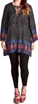 Velzera Border Print Floral Bohemian Tunic/dress In Black