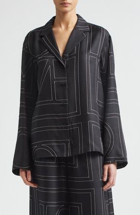 Toteme Monogram Embroidered Organic Silk Pajama Top in Black at Nordstrom, Size 40