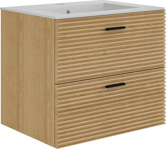 Vente-Unique Mueble de baño suspendido estriado con lavabo encastrado - 2 cajones - Natural claro - 60 cm - SARONE