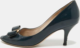 Ferragamo Navy Blue Patent Vara Bow Pumps