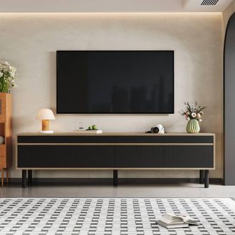 Merax 170cm Low TV Stand with 4 Fluted Door & Solid Wood Legs in Black
