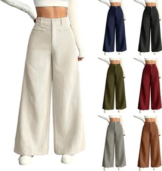 Generic Womens Wide Leg Corduroy Trousers Elasticated Waist Womens High Waist Elastic Trousers Soft Travel & Work Trouser With Pockets Ladies Barrel Pants Loo