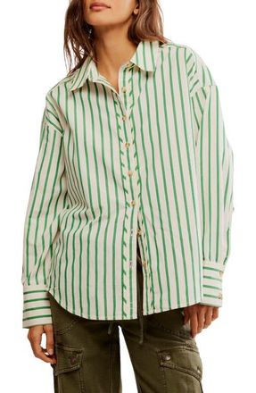 Free People Varsity Vibes Stripe Oversize Cotton Button-Up Shirt in Green Combo at Nordstrom, Size X-Large