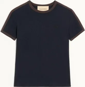 Valentino T-shirt Valentino in cotone con scollo a giro, bande laterali a contrasto e ricamo VLogo Uomo NAVY/MARRONE XXL