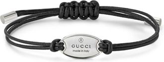 Gucci Handelsmerk armband in sterling zilver en zwart leren band met ovale tag - Dames - Armbanden - Grijs - ONE Size - Accessoires
