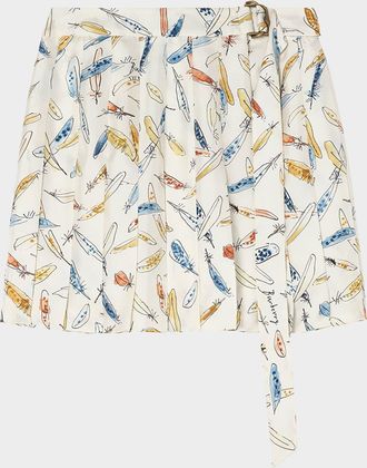 Burberry Feather-Print Silk Pleated Mini Skirt