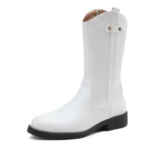 Generic Womens Mid-Calf Cowboy Boots Smooth PU Leather Round Toe Block Heels Side Zipper Metal Stud Detail Solid Color Durable Stylish Design,White,4.5 UK