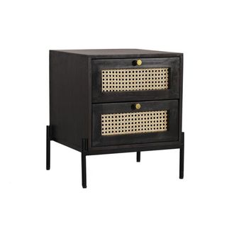 Jaipur Furniture Rattan Bedside Table 2 Drawer - Mango Wood/Iron - L45 x W45 x H55 cm - Black Finish with Natural Rattan - Assembly Required