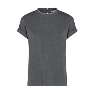 Brunello Cucinelli Donkergrijze Katoenen T-shirt en Polo - Dames - Tops - Grijs - Maat: M Katoen