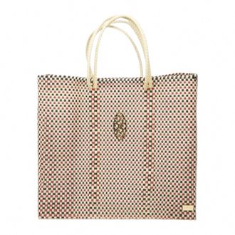 Lola's Bag Womens Medium Woven Checkered Regular Strap Tote Bag In Beige Multi