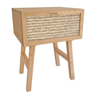 NATYAL Mesita de noche de madera maciza en tonos claros y caj&oacute;n de yute 45cm