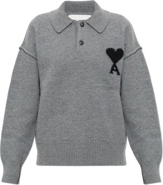 Ami Wol Zwart-Hals Polo - Dames - V-hals truien - Grijs - L - Wol - Truien & Vesten