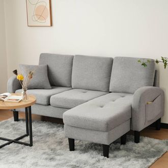 Merax 166cm L-Shaped Cotton-Linen Corner Sofa with Reversible Chaise Lounge in Grey