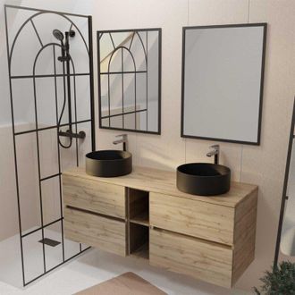 Aurlane Mueble De Ba&ntilde;o 140 Roble - 4 Cajones - 2 Lavabos Negros - 2 Espejos 60x80