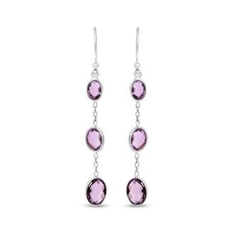 House of Brilliance Silver Checkerboard Oval Purple Amethyst 2 Inch Drop and Dangle Earrings in White at Nordstrom