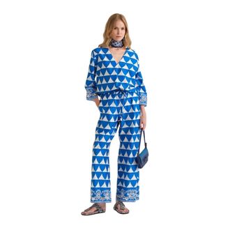 Maliparmi Optical Broderie Broek - Dames - Wijde Broeken - Blauw - XL - Katoen - Broeken