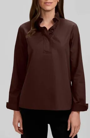 Foxcroft Tammy Ruffled Cotton Popover in Chicory Coffee Brown at Nordstrom, Size X-Small
