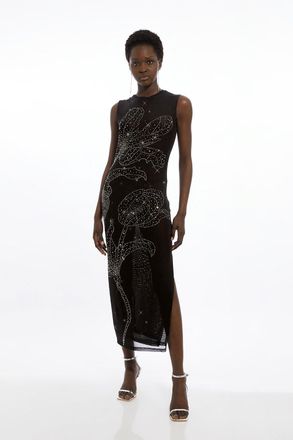 Karen Millen Womens Placed Embellished Floral Mesh Jersey Midi Dress - Black Polyamide - Size Medium