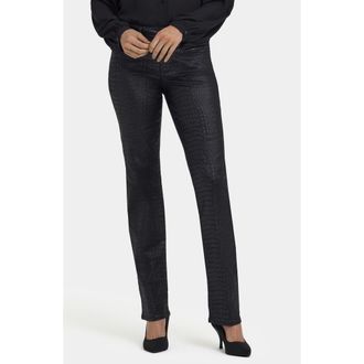 NYDJ Marilyn Coated Snake Pattern Straight Leg Jeans in Black Coated Python at Nordstrom, Size 10
