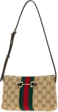Gucci Womens Gg Fabric With Web Stripe Shoulder Bag Beige Polyester Cotton Polyamide