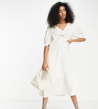 Closet Curves twist front puff sleeve midi dress in cream-White