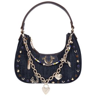 True Religion Studded Denim Shoulder Bag with Removable Charm Chain