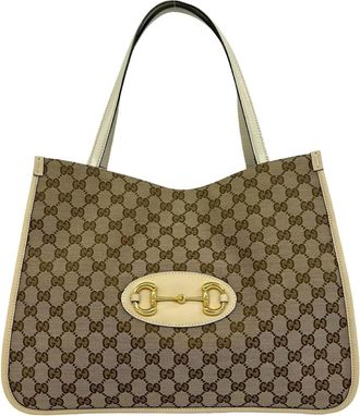 Gucci Beige Brown Canvas Leather Shoulder Bag Tote Bag (Pre-Owned)