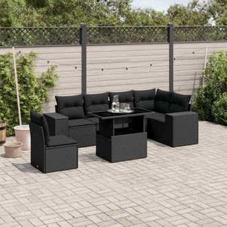 vidaXL Set De Sof&aacute;s De Jard&iacute;n 7 Pzas Con Cojines Rat&aacute;n Sint&eacute;tico Negro Vidaxl