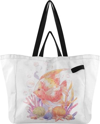 Generic Bubbles Fish Orange pattern Reusable Canvas Tote Bag, Heavy Duty Grocery Shopping Bag with Large Capacity Double Handles Hard Bottom Work Groceries Tr