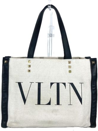 Valentino Black White Canvas Shoulder Bag Tote Bag (Pre-Owned)