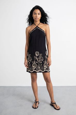 Warehouse Womens Halter Embroidered Mini Dress - Black Viscose - Size 12 UK