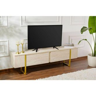 Dmora Mobile porta tv Gussola, Credenza da soggiorno, Armadio basso per tv, Base parete attrezzata, 180x30 h50 cm, Bianco e Oro - Dmora