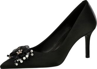 Generic Women Pointed Toe Stiletto High Heels 7CM Wedding Pumps Rhinestones Pearls Flower Lace Netting for Bride Prom Party (Black,2.5)
