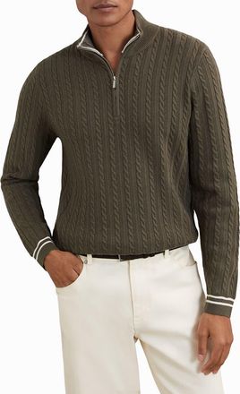Reiss Tuscano Cable Quarter Zip Sweater in Khaki Green at Nordstrom, Size Xx-Large