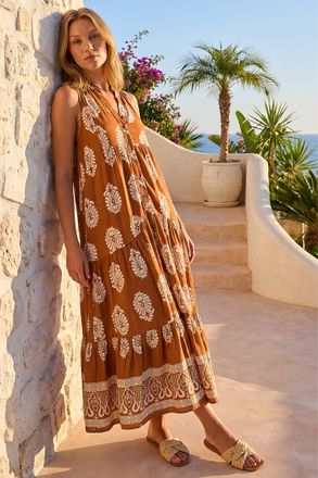 Roman Womens Border Print Smock Maxi Dress - Tan - Size 18 UK