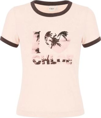 Chlo&eacute; Bedruikt katoenen T-shirt - Dames - T-shirts - Roze - L - Katoen - Tops