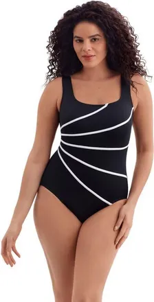 Longitude Fan Tank Long Torso One-Piece Swimsuit in Solidtude - Black/white at Nordstrom, Size 12