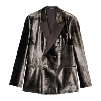 Emporio Armani Jassen, Heren, Bruin, L, Leer, Velvet single-breasted jas met bedrukt chevronmotief
