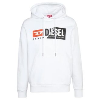 Diesel Mens Denim Division Split Logo White Hoodie Cotton - Size X-Large