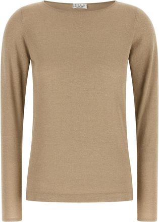 Brunello Cucinelli Beige Solid Boat Neck Sweater