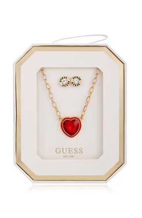 Guess Heart Pendant Necklace & Stud Earrings Set in Gold/red at Nordstrom Rack