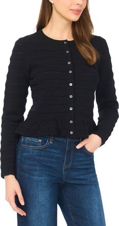CeCe by Cynthia Steffe Ruffle Pointelle Cardigan in Rich Black at Nordstrom, Size Medium