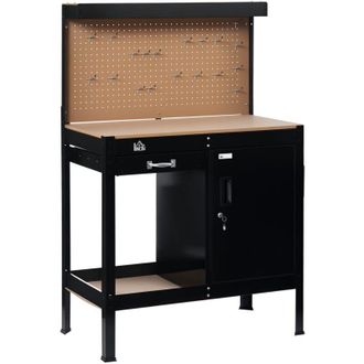 HOMCOM Homcom - Banco De Trabajo 98,5x48x140 Cm Carga 100 Kg Mesa De Banco Con Panel Perforado Caj&oacute;n Estante Y Armario Con Cerradura Negro