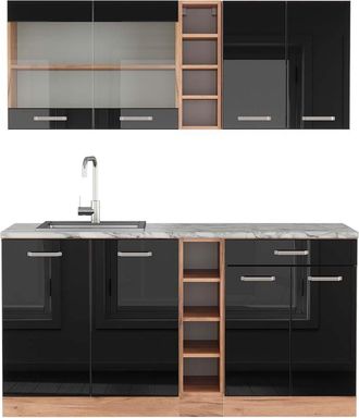 Vicco Cocina Vers&aacute;til R-line, Roble Negro/dorado De Alto Brillo, 160 Cm, Et M&aacute;rmol