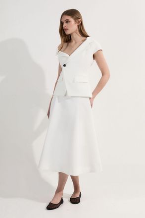 Karen Millen Womens Clean Tailored Asymmetric Collar Belted Full Skirted Midi Dress - White - Size 10 UK