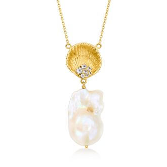 Ross-Simons 13-16mm Cultured Baroque Pearl and Seashell Necklace With. White Topaz in 18kt Gold Over Sterling