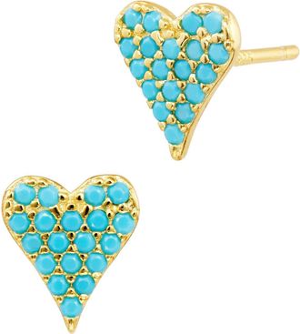 Savvy Cie Jewels GOLD PLATED OVER STERLING SILVER.925 TURQUOISE PAVE HEART STUD EARRINGS