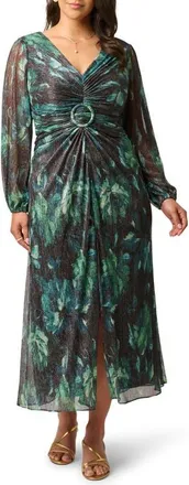 Adrianna Papell Metallic Floral Mesh Midi Dress in Black/emerald at Nordstrom, Size 18W