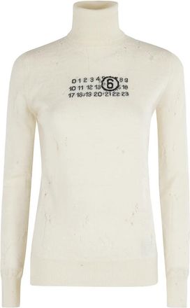 Maison Margiela Roomkleurige Wol Distressed Hoge Hals Trui - Dames - Coltruien - Beige - M - Wol - Truien & Vesten